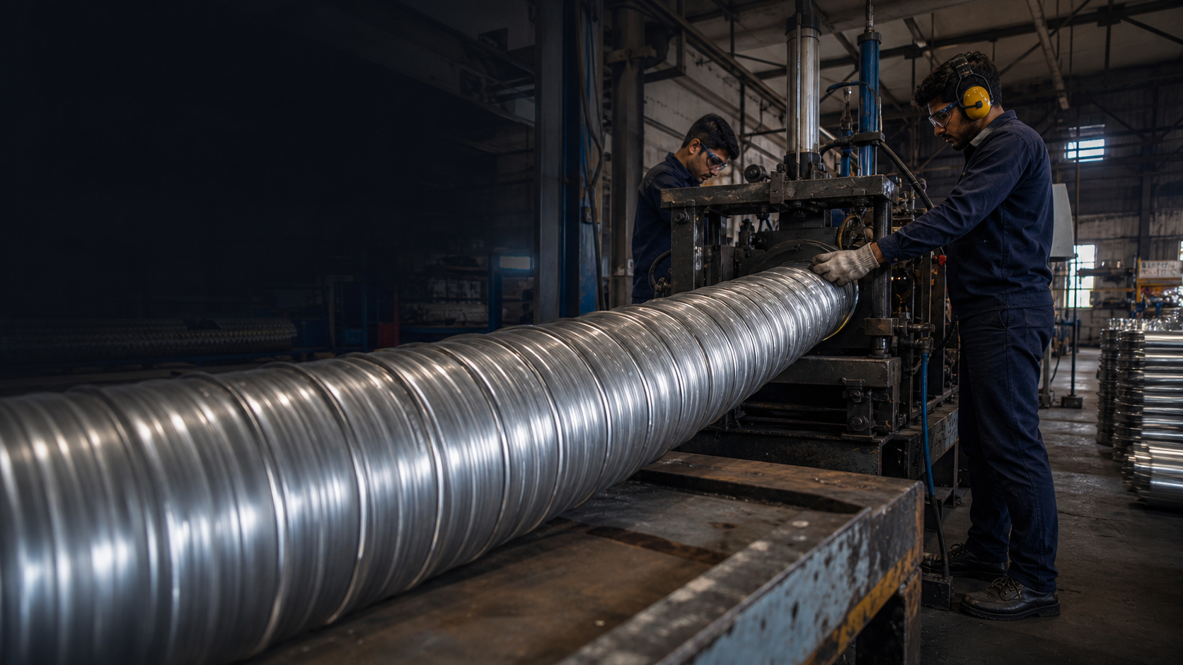 Workers forming industrial ducting in a factory