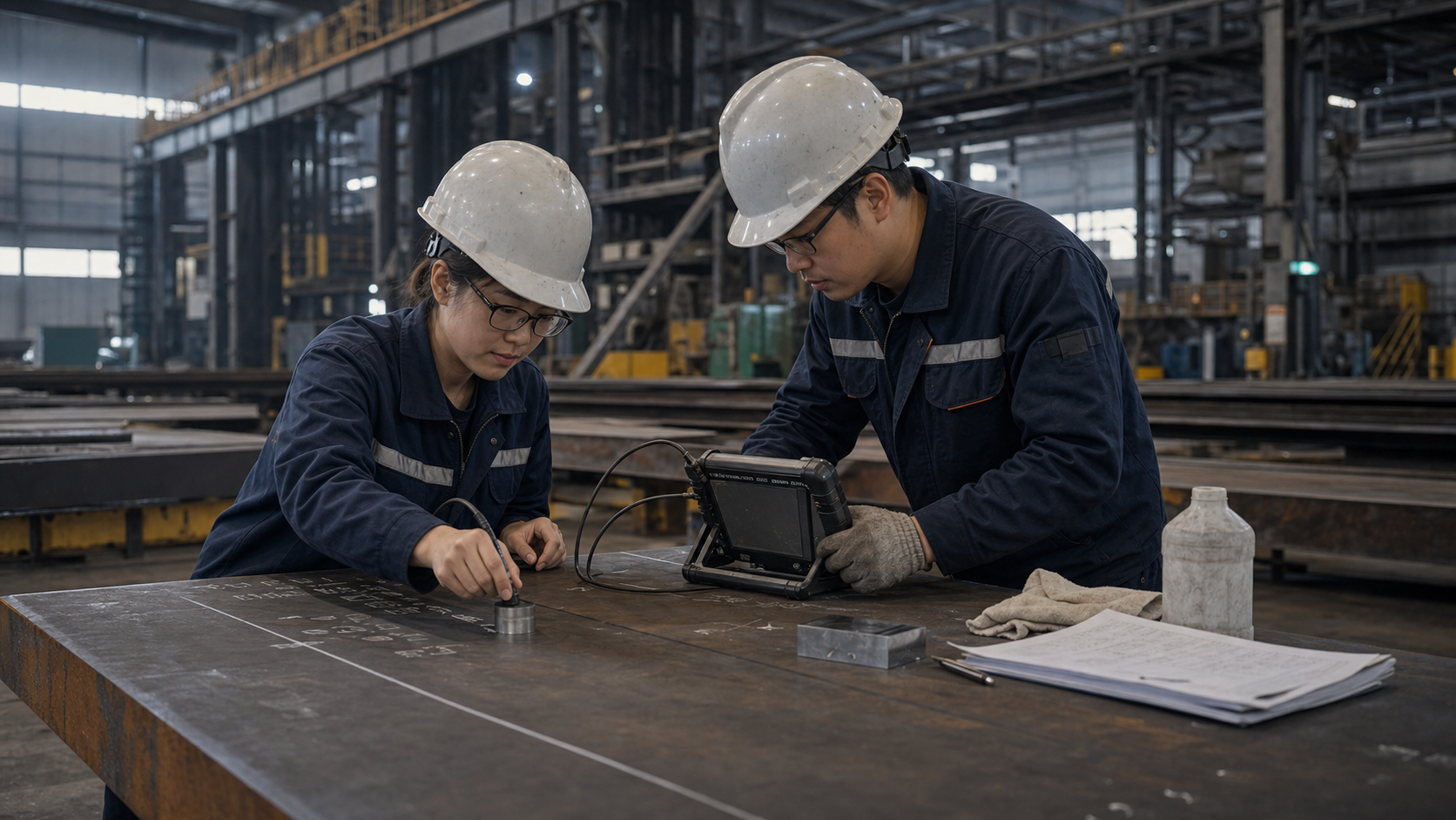 Factory inspectors measuring a steel component